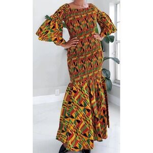 Satsuma Dress Women Medium Red Yellow Kente Long Smocked Fish Tail African Maxi